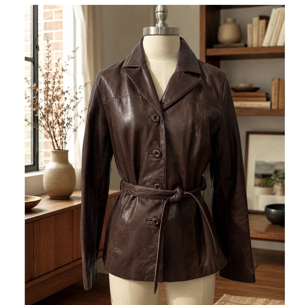 Wilsons Leather Pelle Studio Brown Belted Leather Jacket Blazer Small